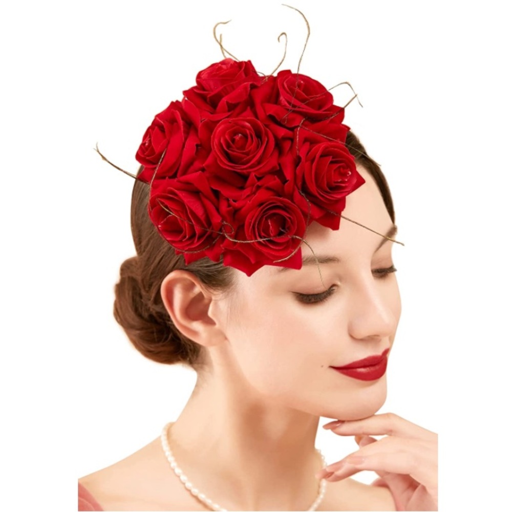 Red Roses Headband Kentucky Derby Flower Hair Clip